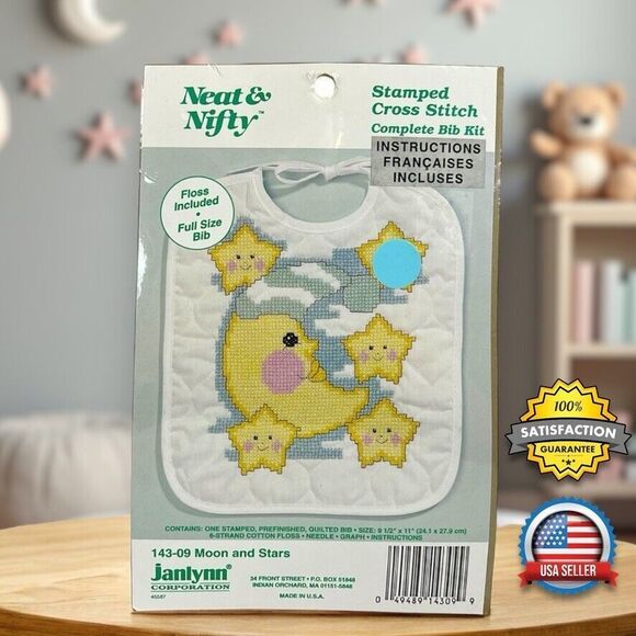Janlynn Neat & Nifty Moon & Stars Stamped Cross Stitch Bib Kit 143-09 DIY Crafts - Picture 1 of 6